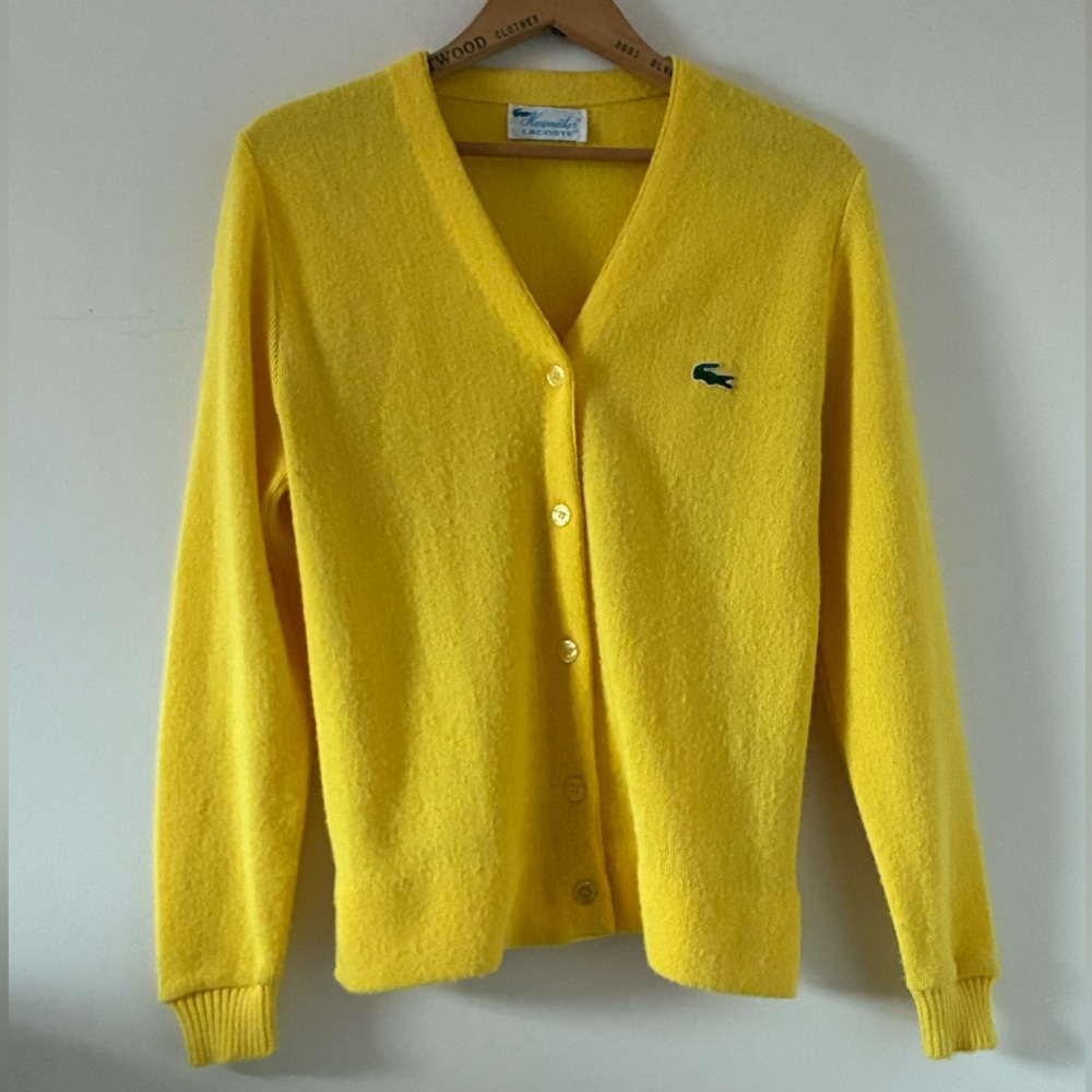 Vtg 60s 70s Lacoste Haymaker Yellow Knit  Cardigan Acrylic Orlon Size 34 XS